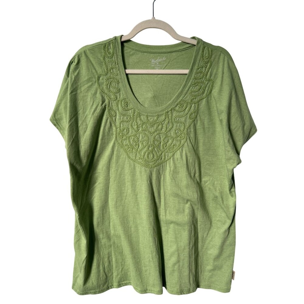 Woolrich Embroidered Scoop Neck Top Size XXL Short Sleeve Green Modern Essential